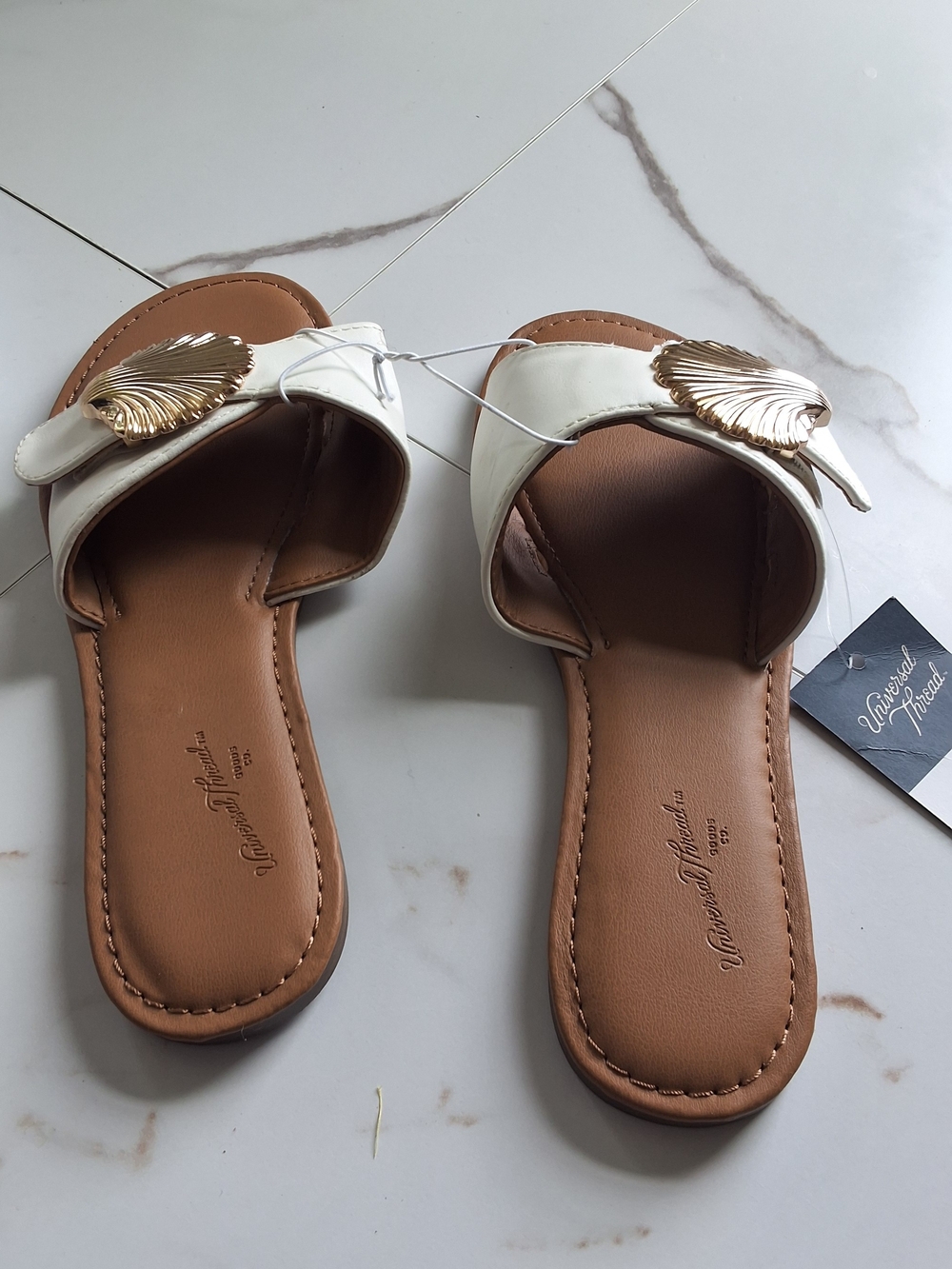 White Slide Sandals with Gold Leaf Accent